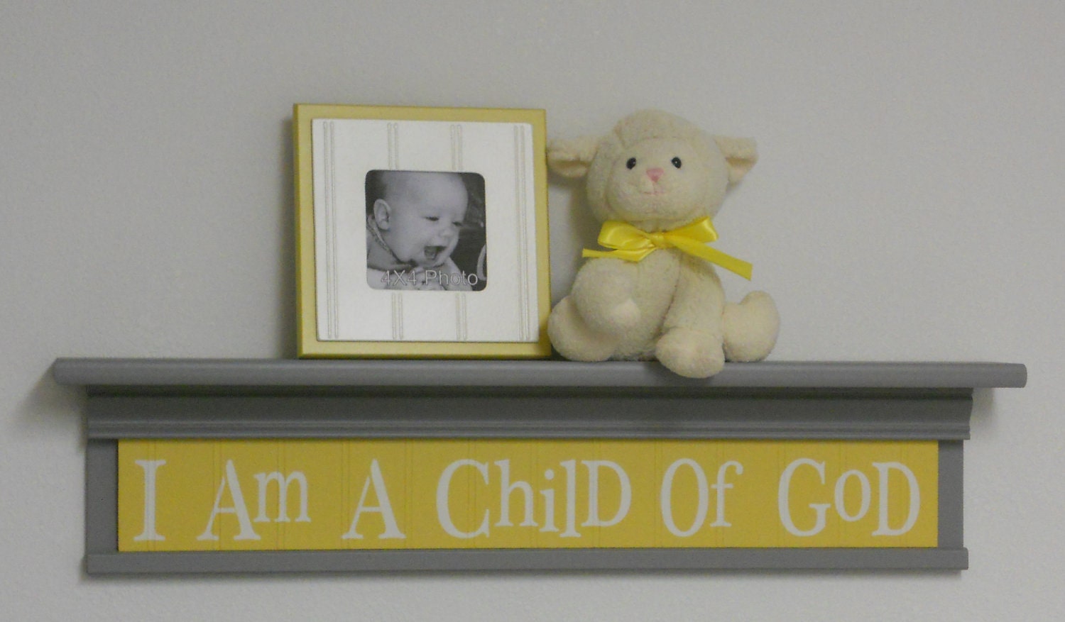 Yellow Gray Nursery Ideas Wall Sign - I Am A Child Of God on 30" Shelf Painted Gray and Yellow