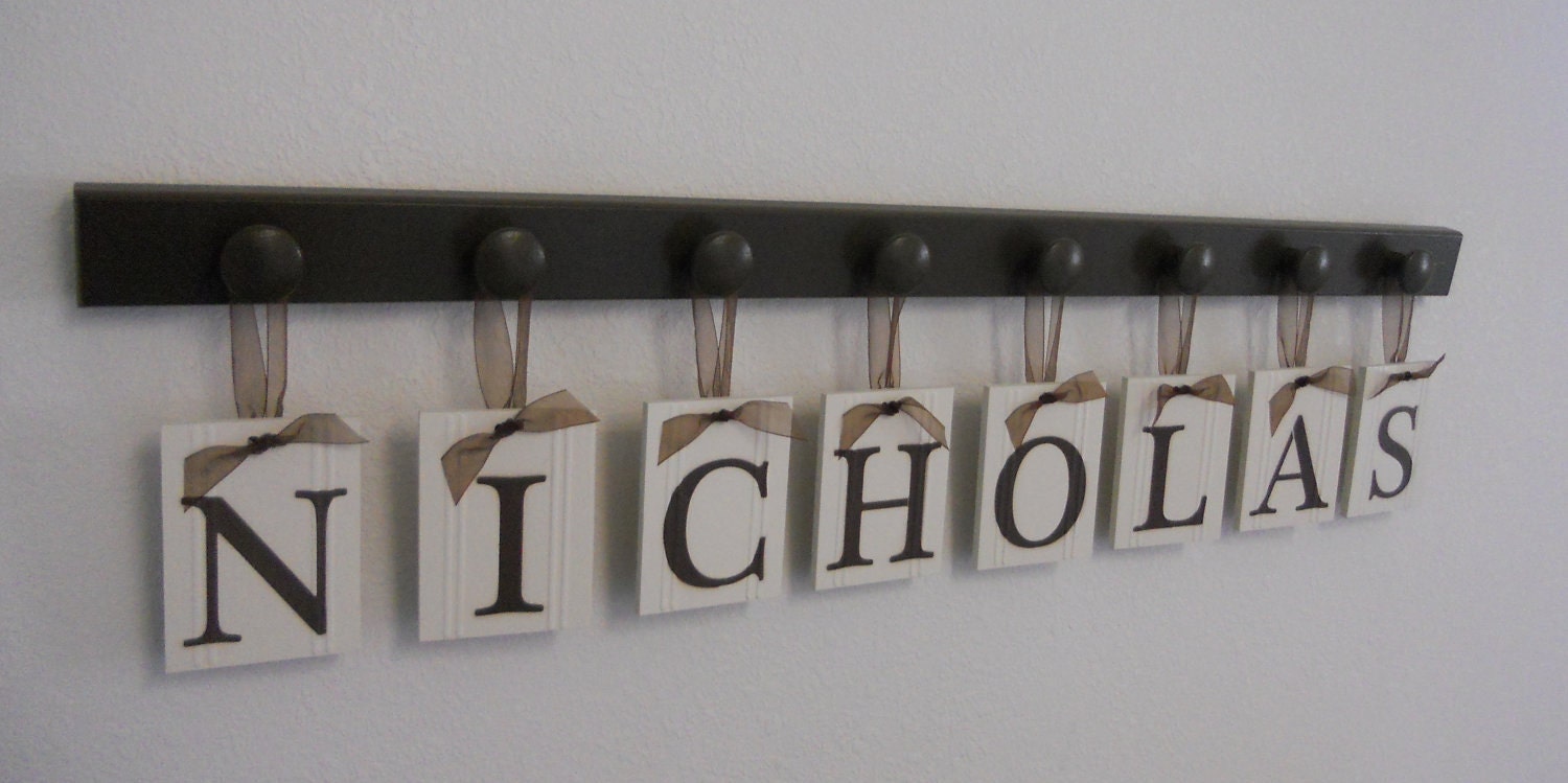 Personalized Children Name Signs for NICHOLAS  includes 8 Pegs Brown Baby Boy Nursery Decor