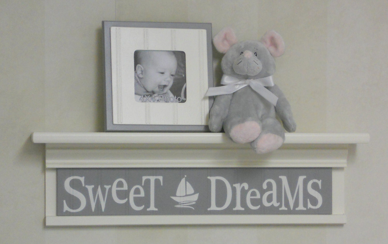 Nautical Nursery Sweet Dreams on 24" Shelf Sign Baby Nursery Gray and Linen White Sailboat Nursery Wall Art
