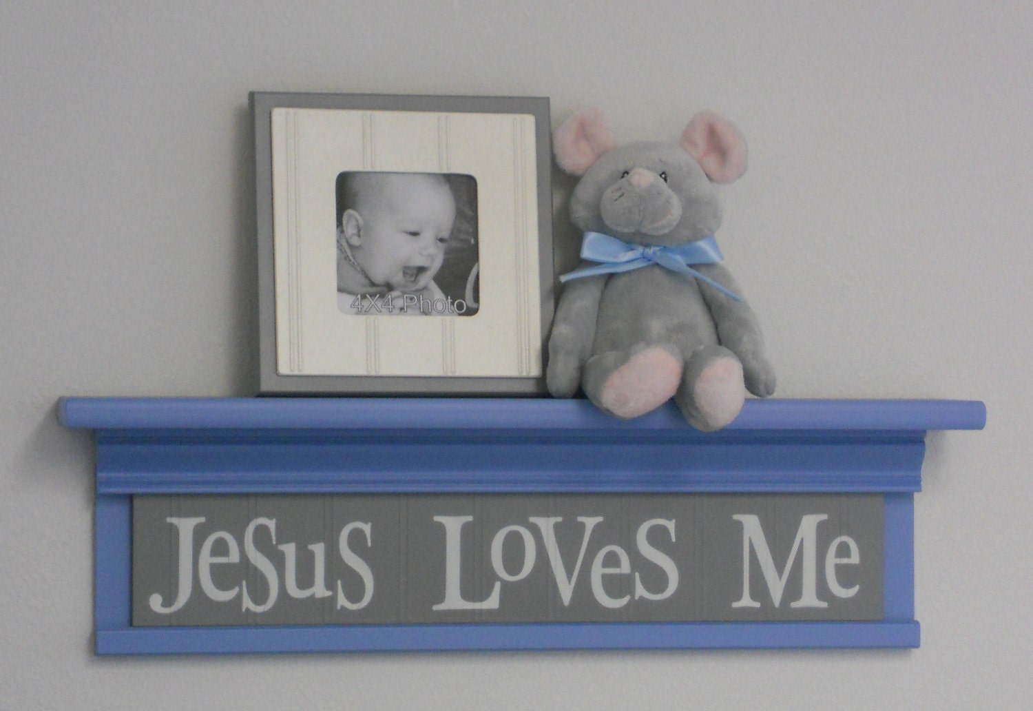 Blue Gray Nursery Wall Decor 24" Shelf Pastel Blue and Soft Grey Sign - Jesus Loves Me