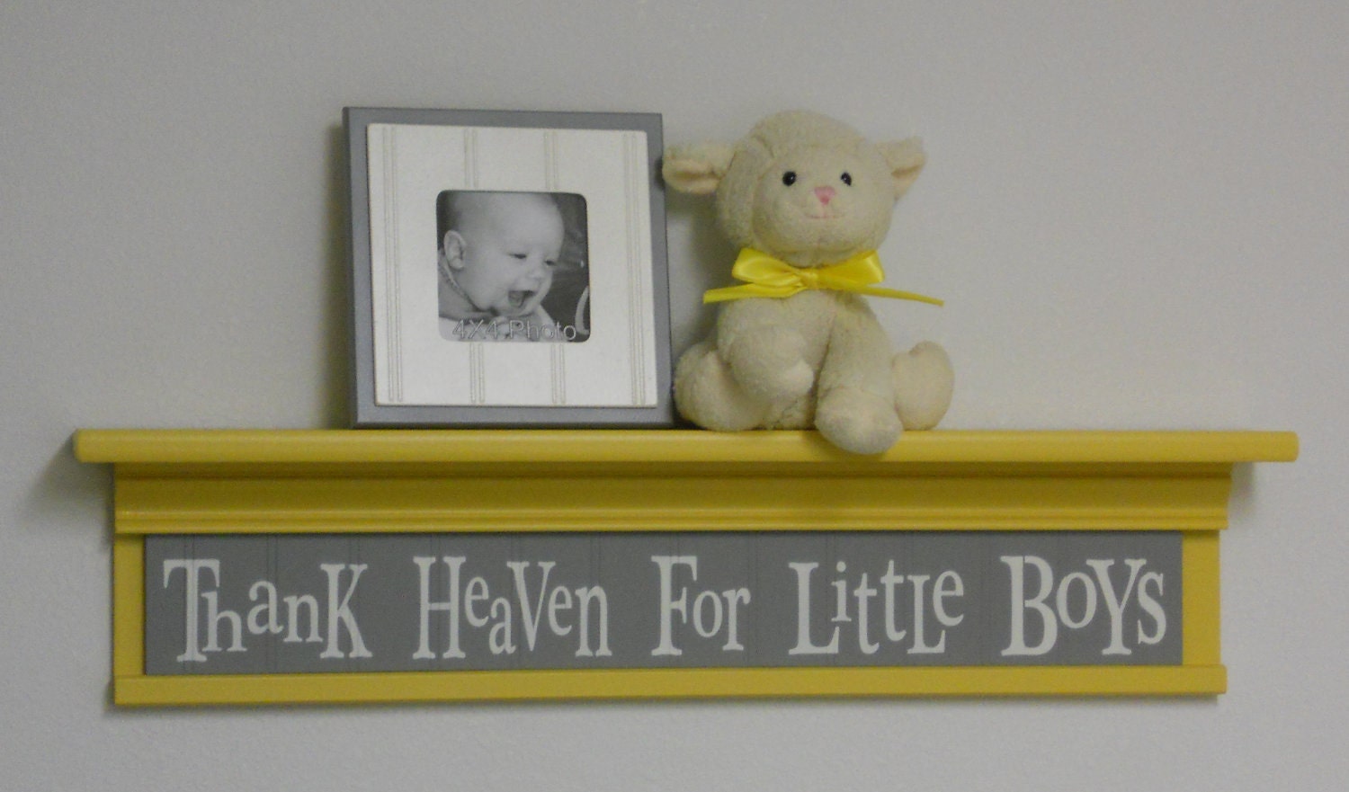 Yellow Gray Nursery Decor Baby Gift - Thank Heaven For Little Boys - Sign on 30" Shelf Yellow Grey