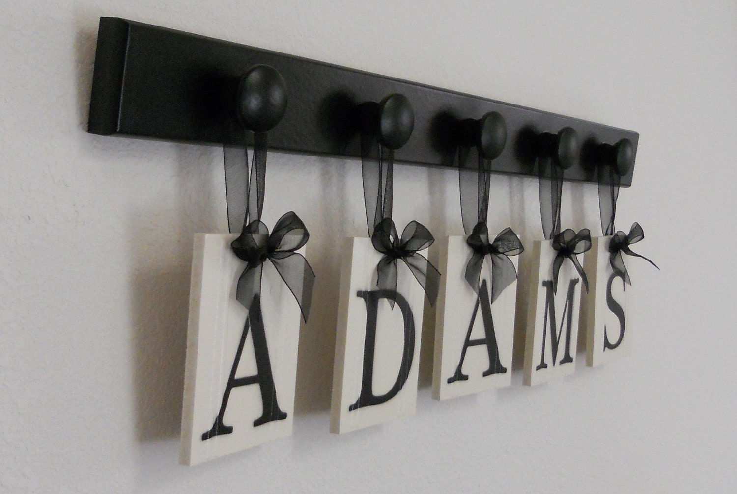 Anniversary Gift for Him Family Name Plaque Custom for ADAMS includes 5 Wooden Peg Rack Black and White