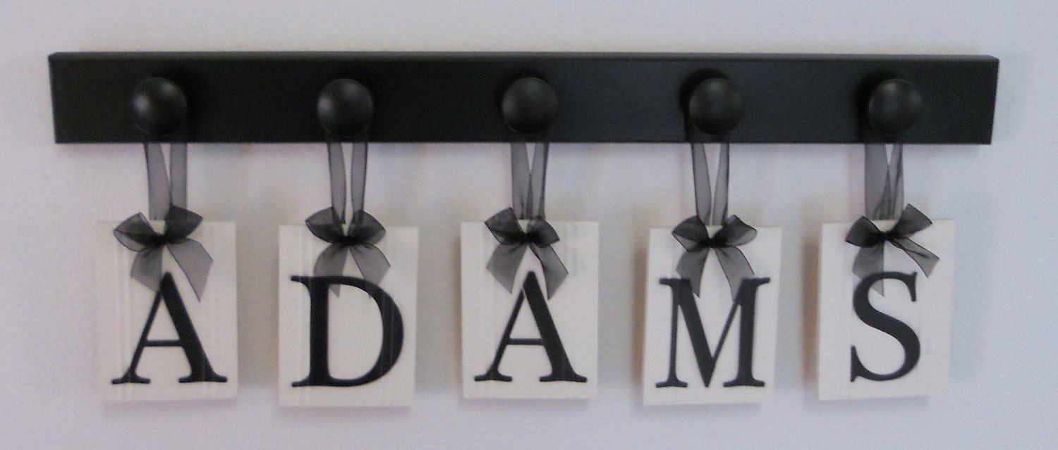 Anniversary Gift for Him Family Name Plaque Custom for ADAMS includes 5 Wooden Peg Rack Black and White