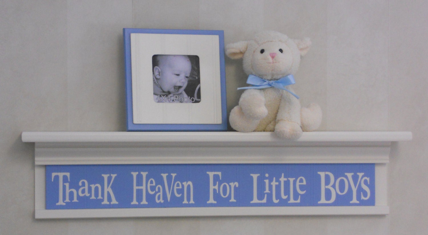 Thank Heaven For Little Boys - Sign on 30" Shelf Linen White and Light Blue Whimsical Nursery Wall Decor
