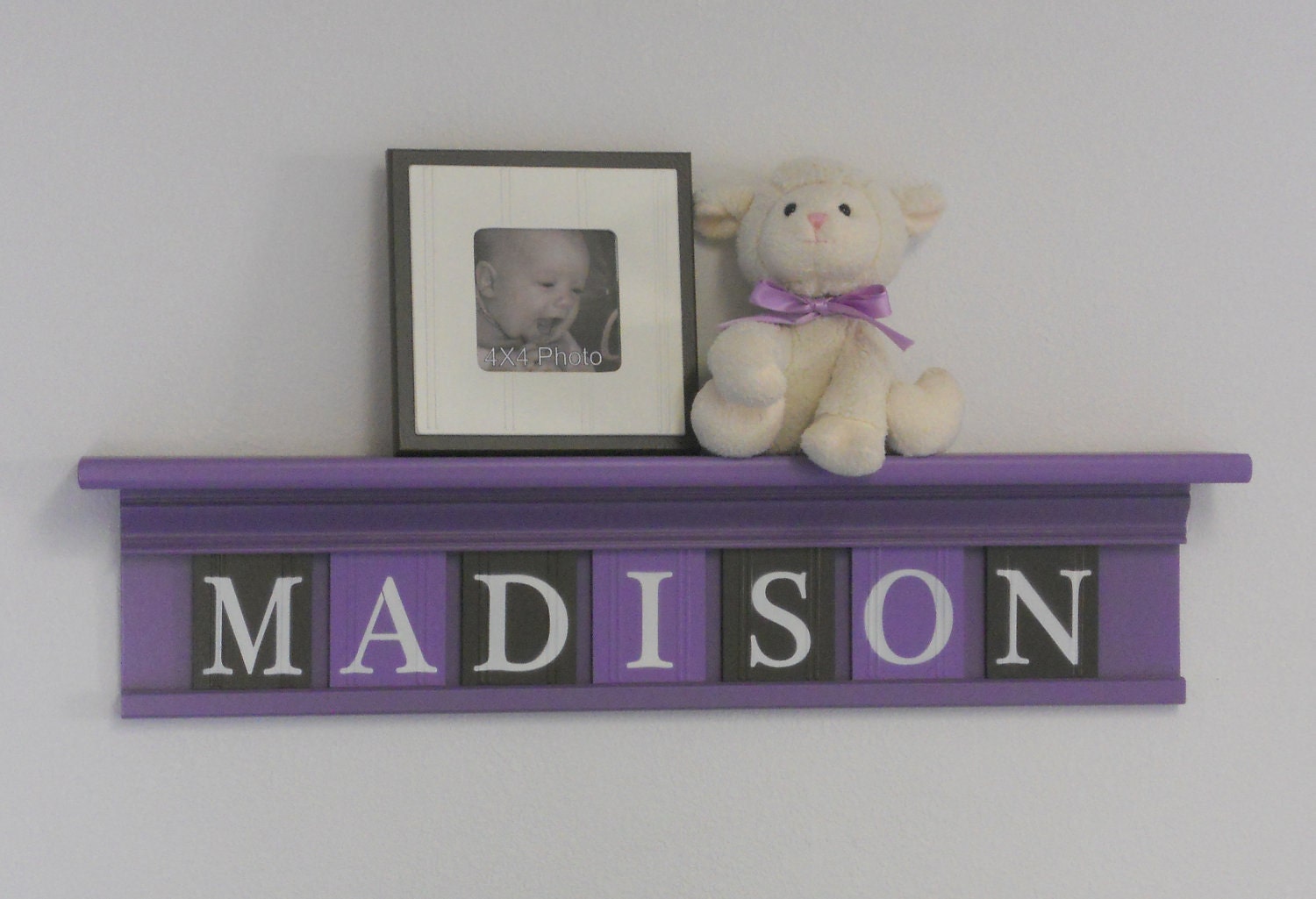 Unique Baby Gifts - Custom Gift - Baby Girl Brown Purple Nursery Decor 30" Shelf - 7 Wood Letter Brown and Purple Baby Name Signs - MADISON
