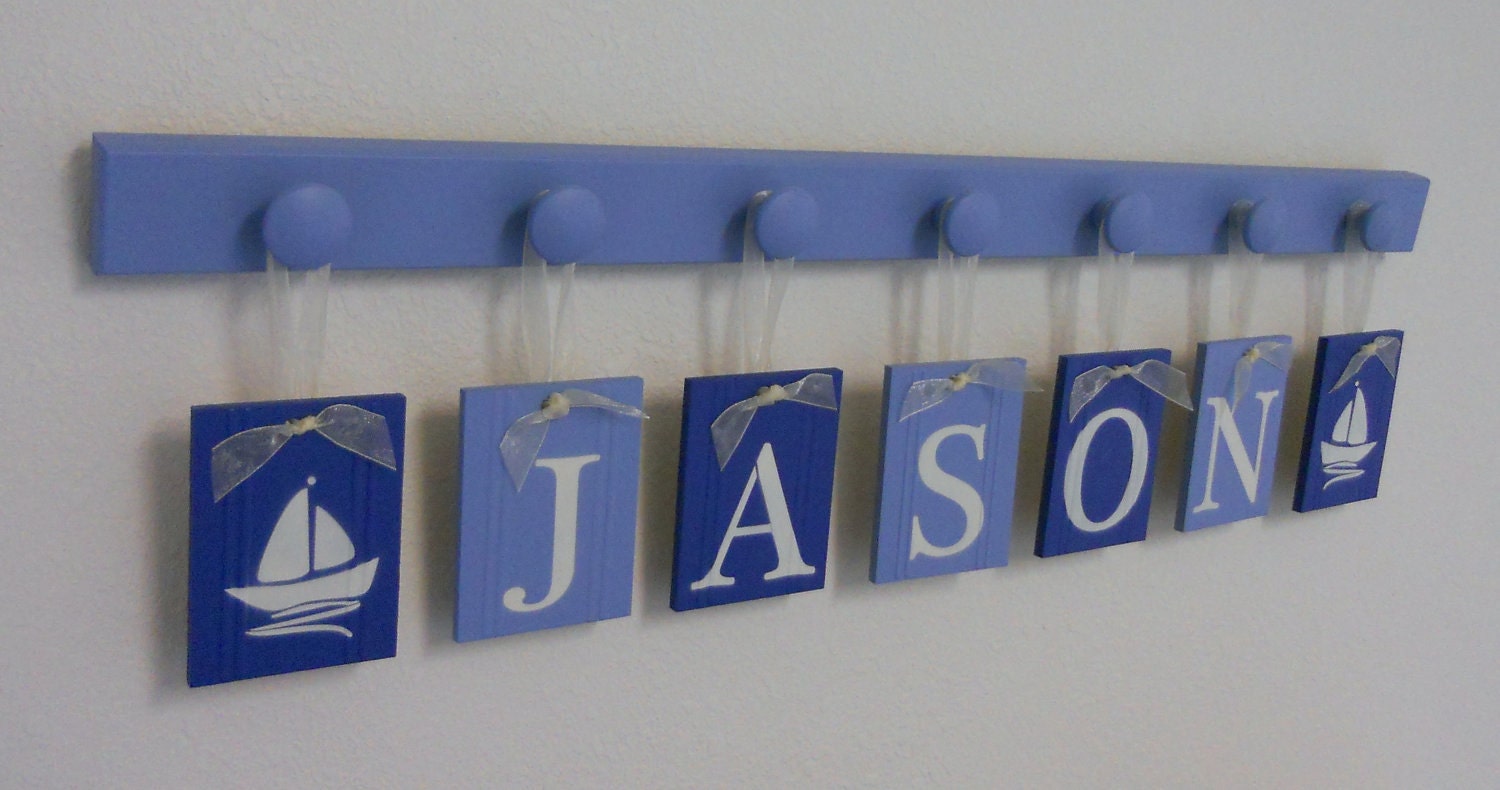 Sailboat Art Nursery Baby Name Hanging Wall Letters Sail Boats and 7 Wooden Peg Hanger - Blue. A Gift for JASON