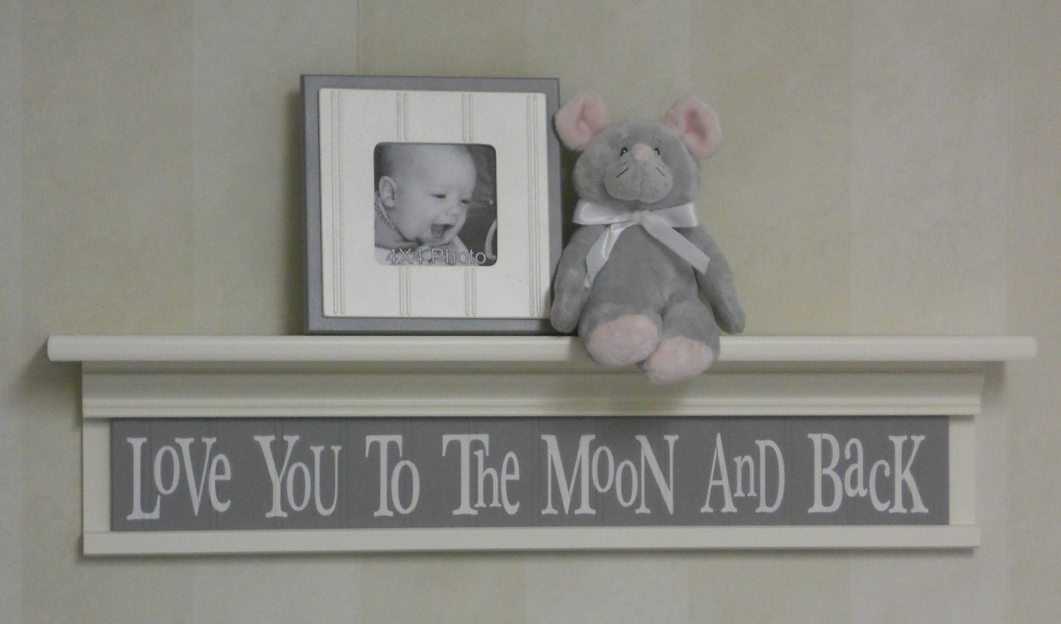 Grey Baby Nursery Decor - Baby Wall Decor Gray Sign and 30" Linen White Shelf - Love You To The Moon And Back