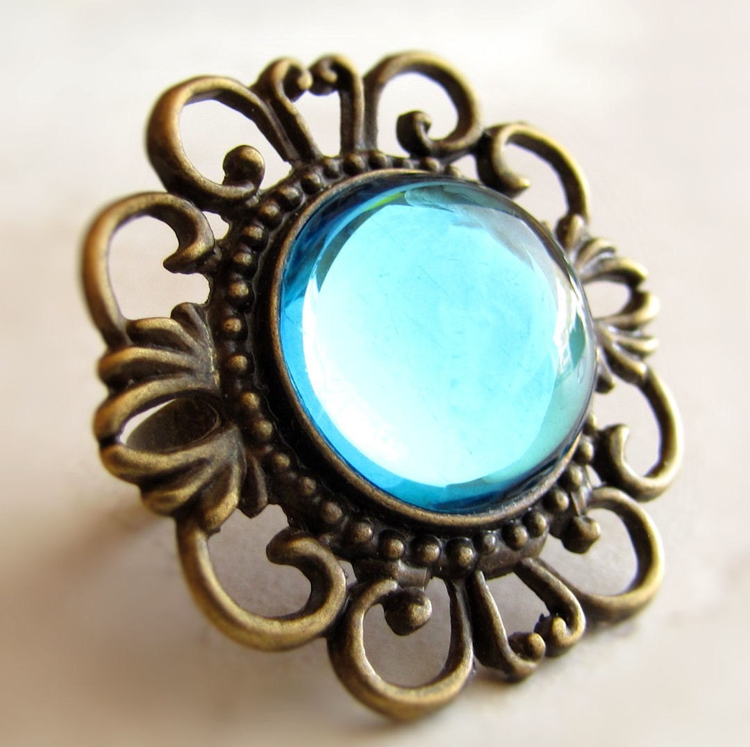 Statement Cocktail Ring Turquoise Aquamarine Ring Antique Bronze Adjustable Foiled Cabachon Ring BellinaCreations Bellina Creation