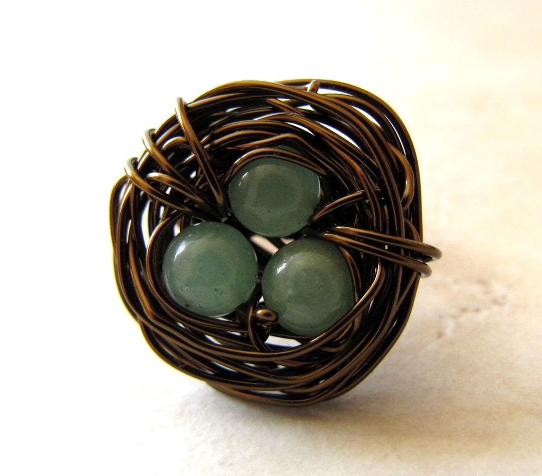 Birds Nest Ring Green Jade Bronze Wire Wrapped