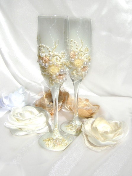 Wedding champagne glasses in ivory and white, hand decorated with fabric roses and pearls - set of 2