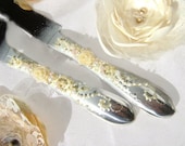 Wedding cake cutter set, hand decorated with fabric roses and pearls in ivory, white and gold