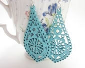Aqua Blue Earrings Lace Style Tear Drop Wooden Earrings With Sterling Silver Ear Wires