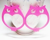 Hot Pink Wooden Owl Dangle Earrings With Sterling Silver Ear Wires