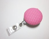 Badge Reel Pink with White Polka Dots