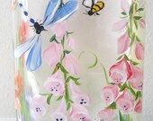 painted glass vase with hollyhocks, irises, poppies,flowers, wedding, birthday ,special gift