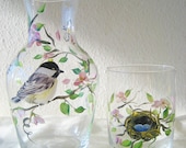 bedside carafe handpainted chickadee pattern, mother's day gift