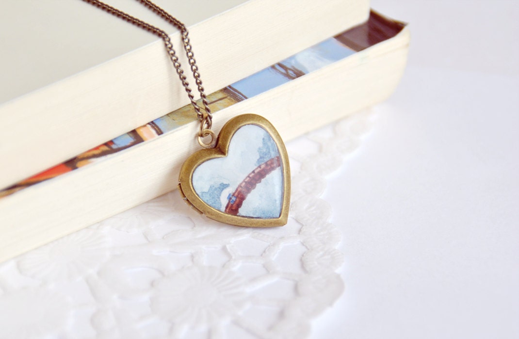 Original Hand Painted Heart Locket with Original Miniature Watercolour Painting of the Kintai Bridge - Made to Order