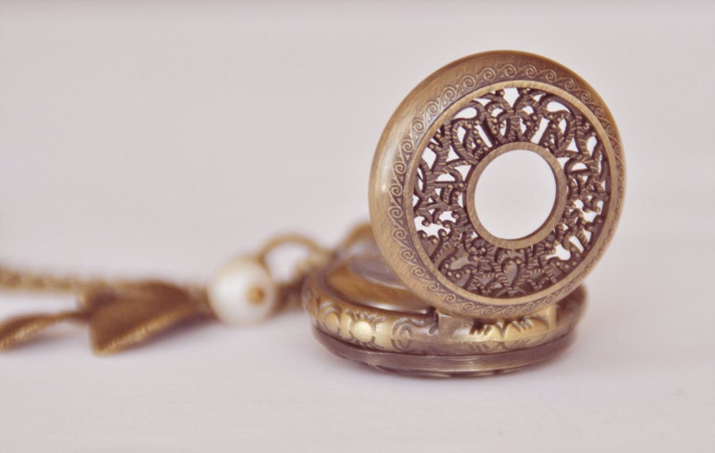 Romantic antique style filigree pocket watch necklace