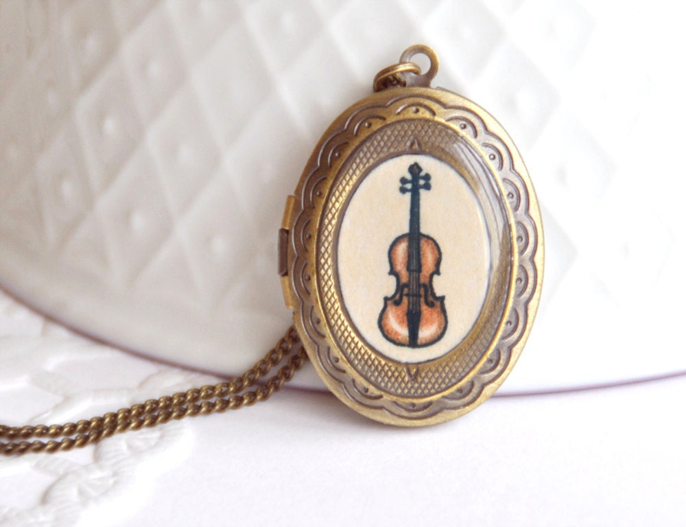Hand Painted Miniature Violin Locket Necklace with Original Watercolour Painting - Made to Order