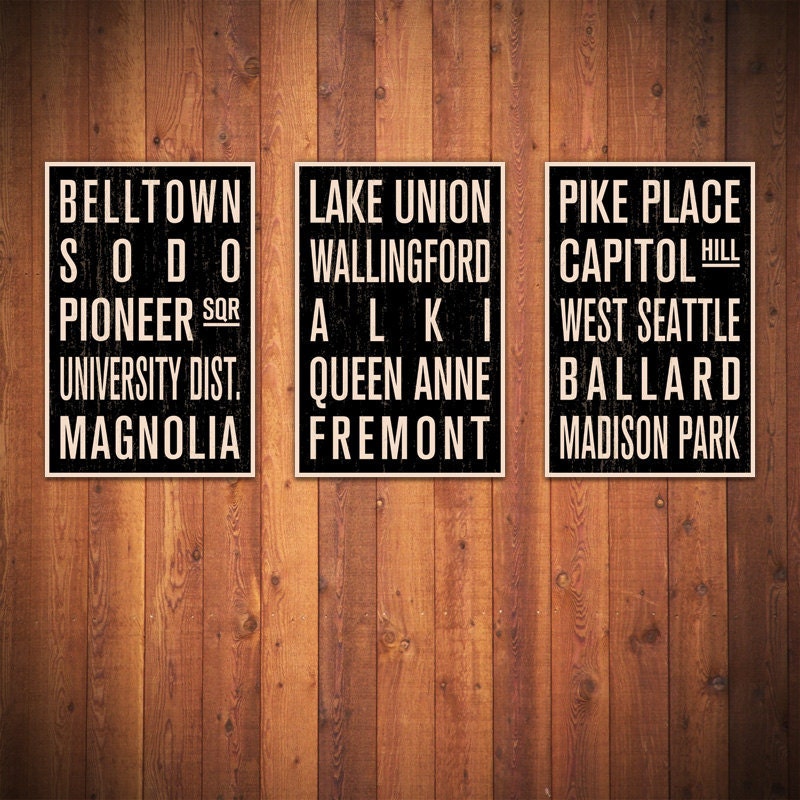 Seattle COLLECTION of 3 Subway Sign Prints. Bus Scrolls. 12 x 18