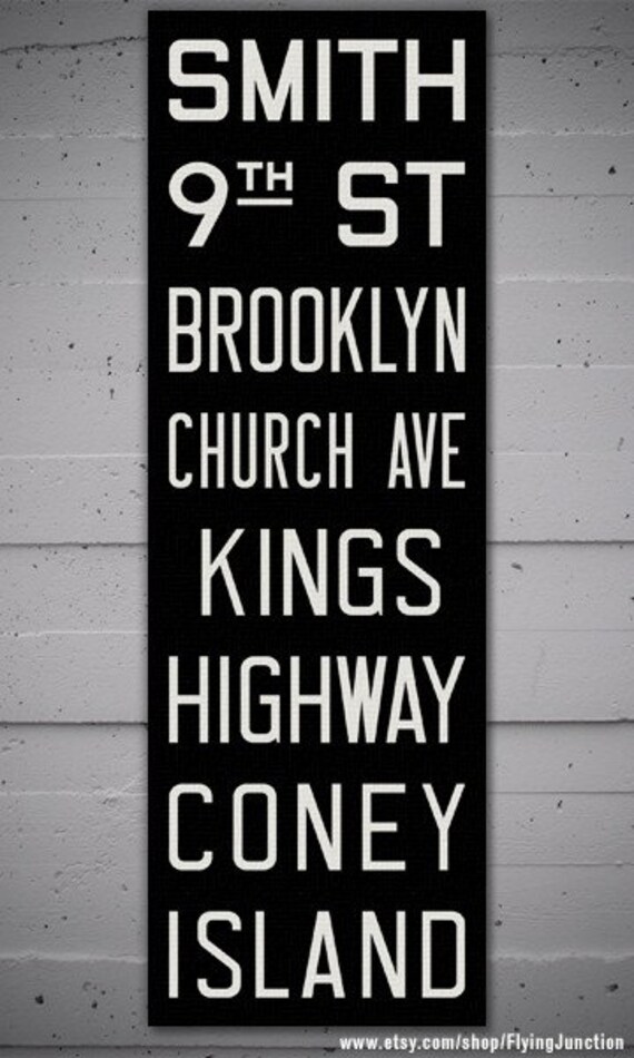 BROOKLYN & CONEY ISLAND New York City Vintage Look Subway Sign. Bus Scroll. Canvas 12 x 36 Rollsign Print