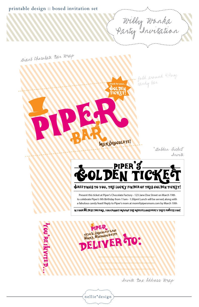 Willy Wonka Ticket Invite - Printable Ticket, Candy Bar Wrapper & Address Wrap