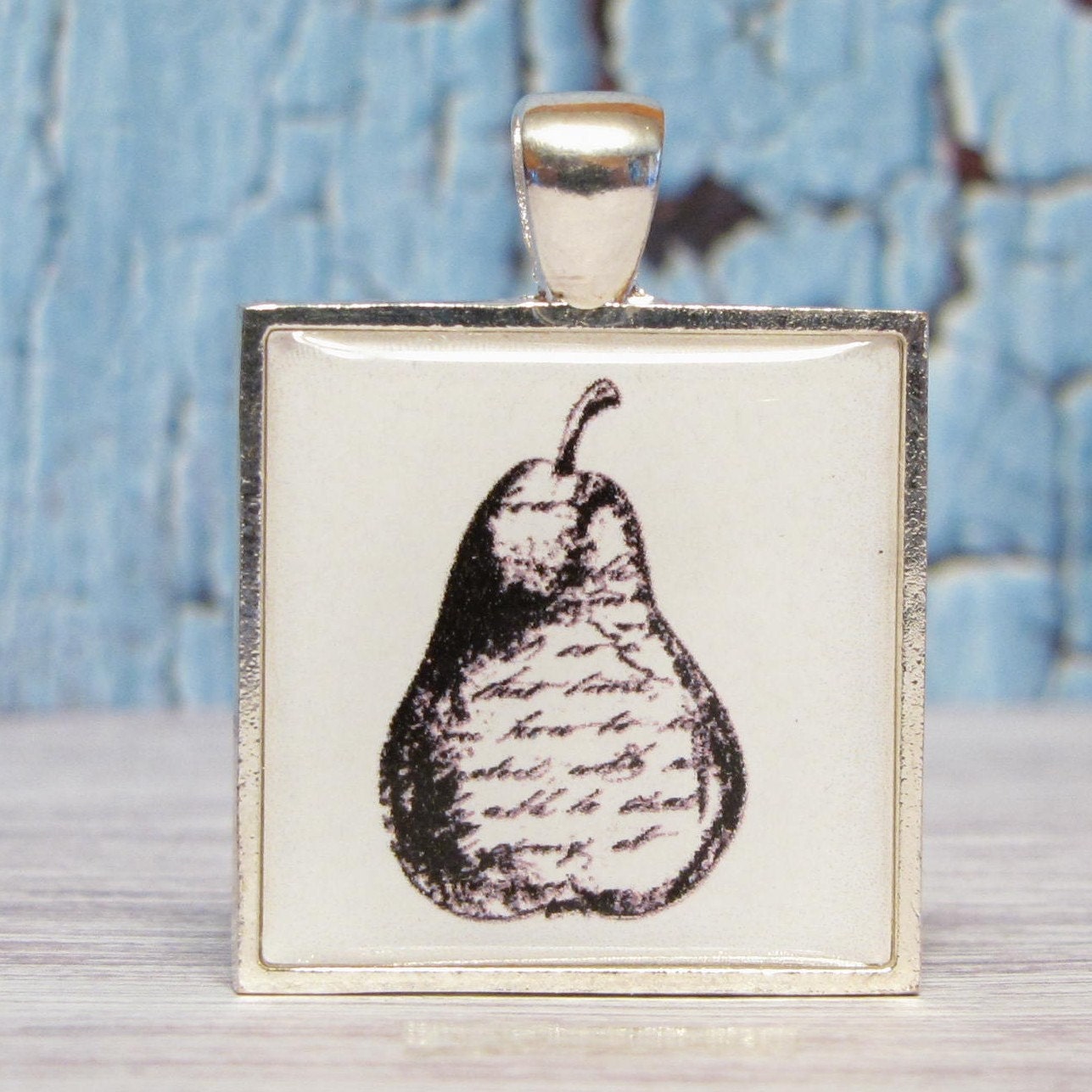 Pear - 1 inch Square Pendant with Free Ball Chain or Keyring (521)