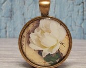 Vintage White Rose - 1 inch Circle Pendant with Free Ball Chain or Keyring (1030)