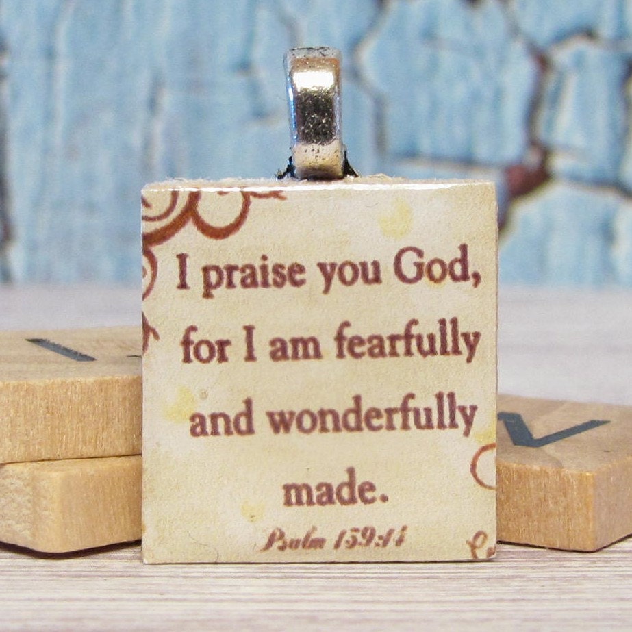 Psalm 139:14 - Scrabble Tile Pendant with Free Color Ball Chain or Keyring (011)