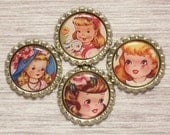Vintage Children - Set of 4 Handmade Flattened Bottle Cap Magnets (3000)