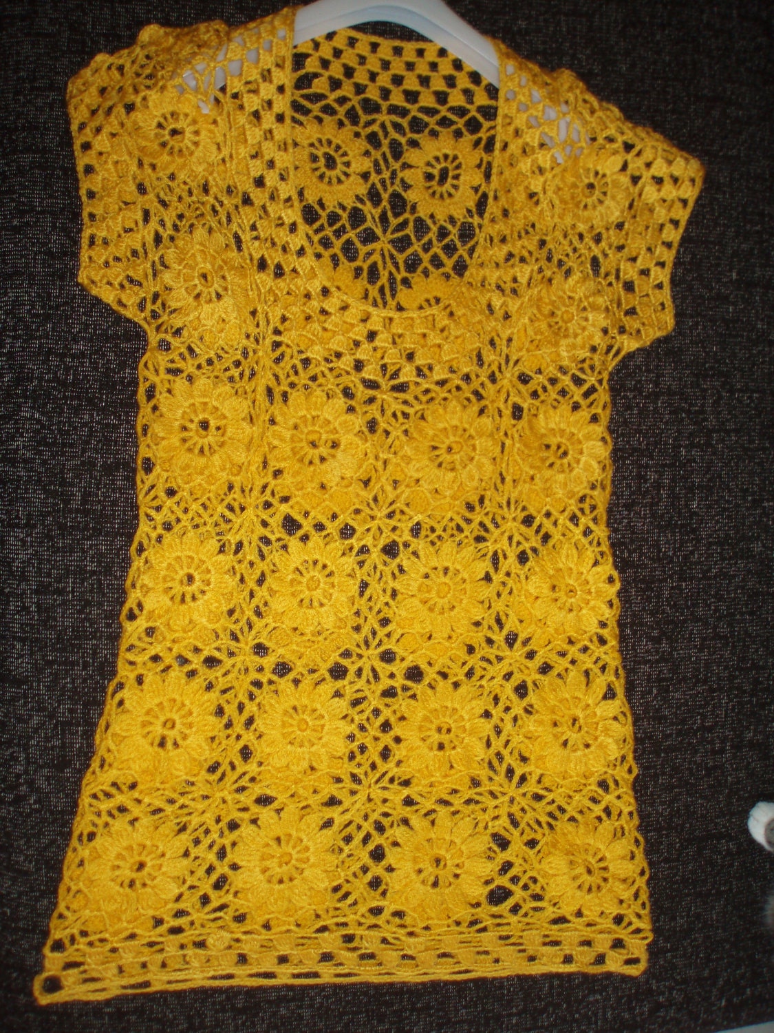 Crochet lace sunny yellow dress tunic with flowers spring summer fashion