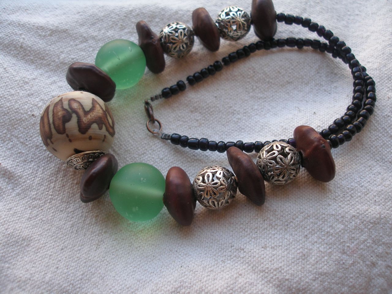 African natural Raffia Palm nut green glass seed Flower Necklace by Fianaturals