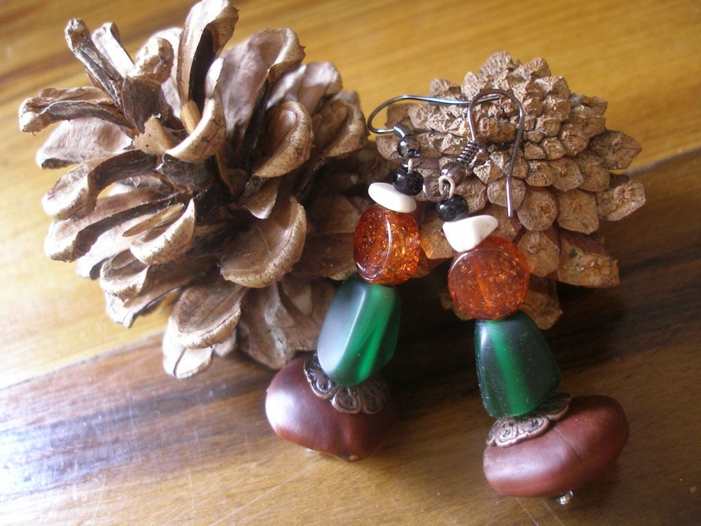 African Natama Coumba seeds Magnesite glass green orange Autumn Beauty Earrings by Fianaturals