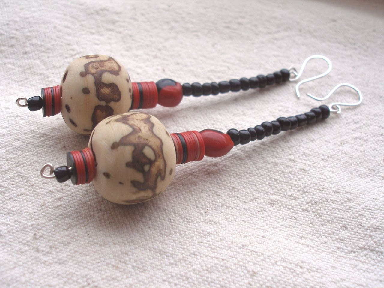 AFIA African natural Raffia palm nut recycled vinyl red and black seed earrings artisan handmade silver earwires by Fianaturals
