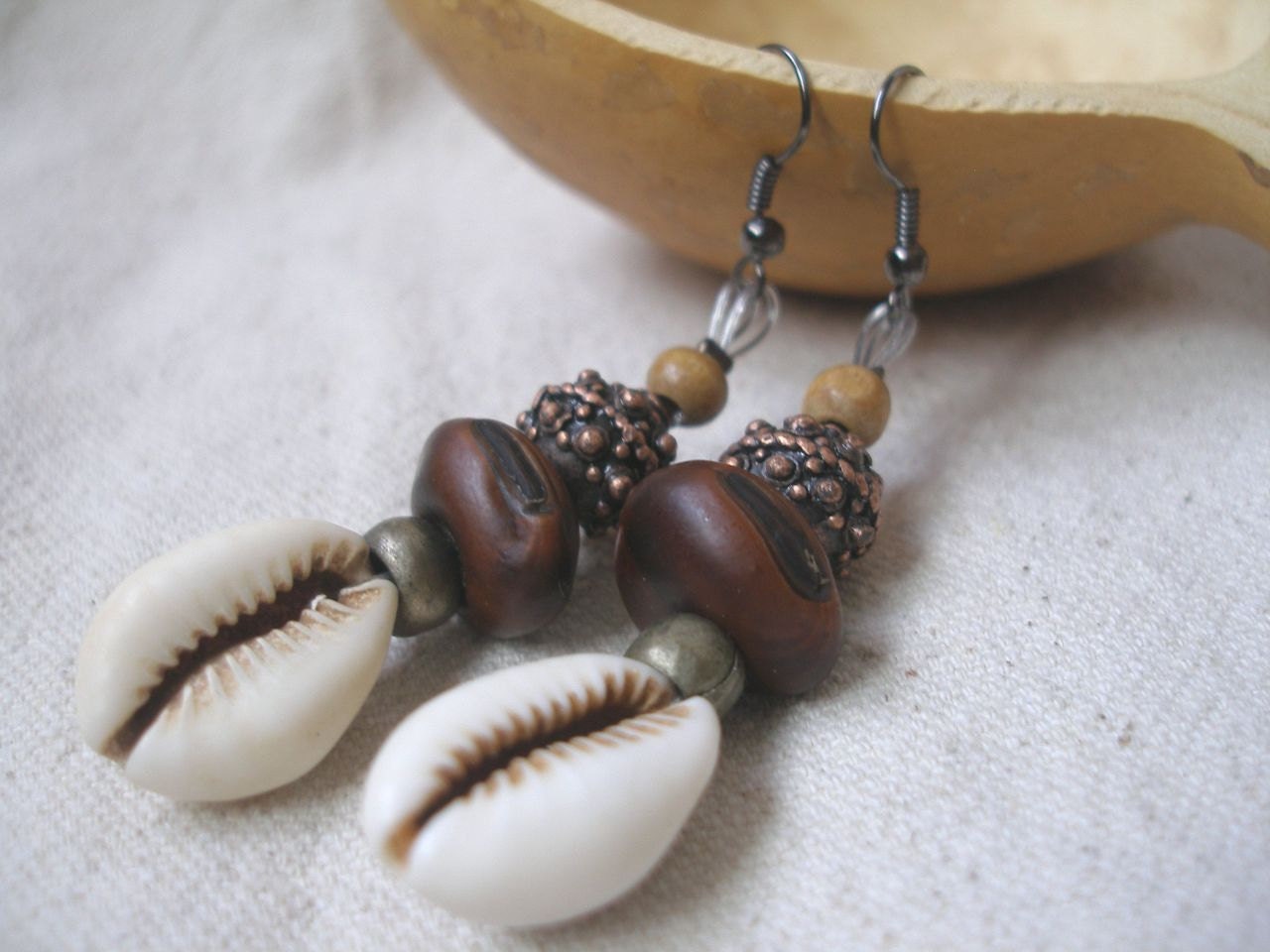 African Cowrie shell Brass copper wood seed Earrings by Fianaturals on Etsy