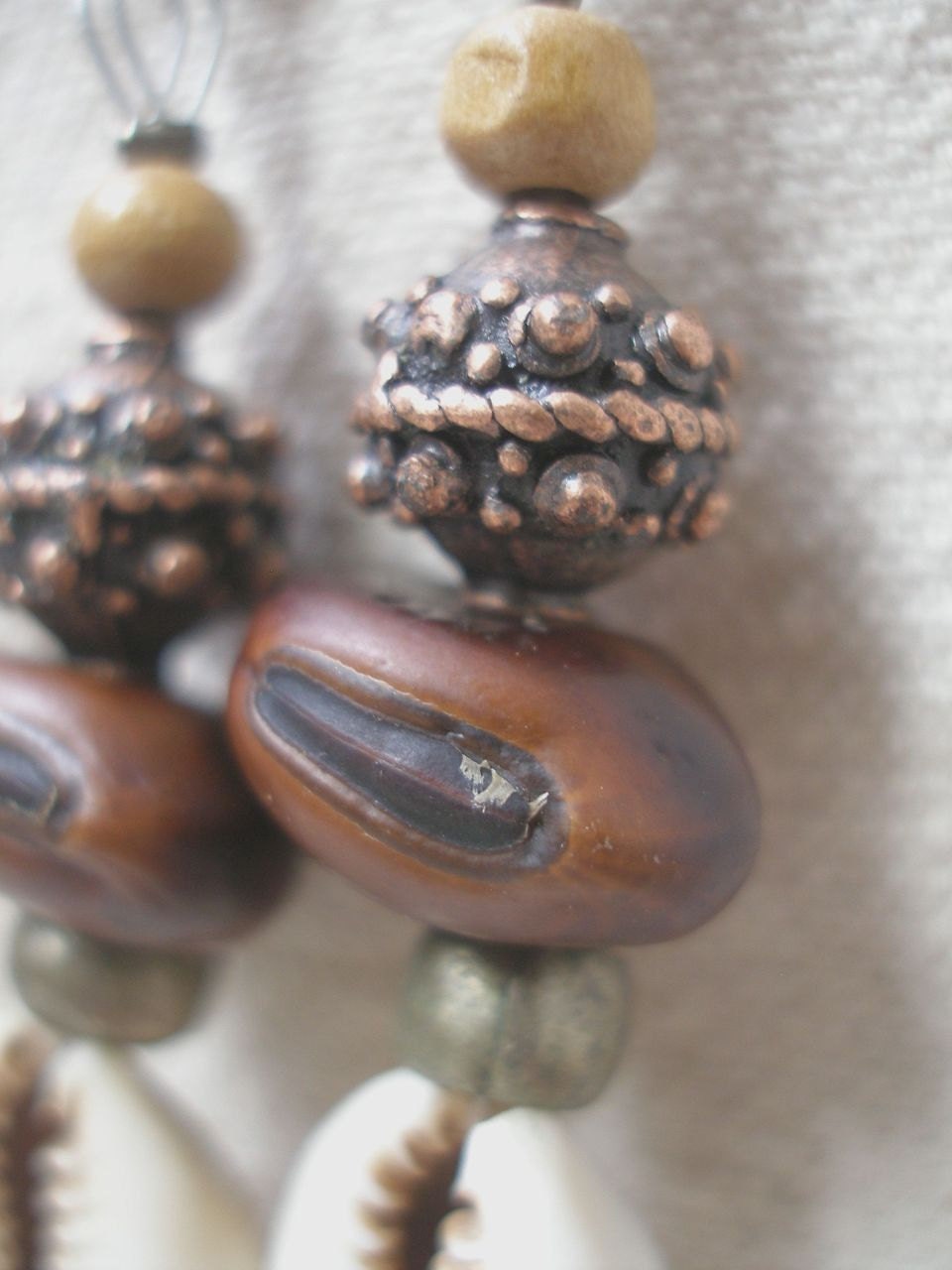 African Cowrie shell Brass copper wood seed Earrings by Fianaturals on Etsy