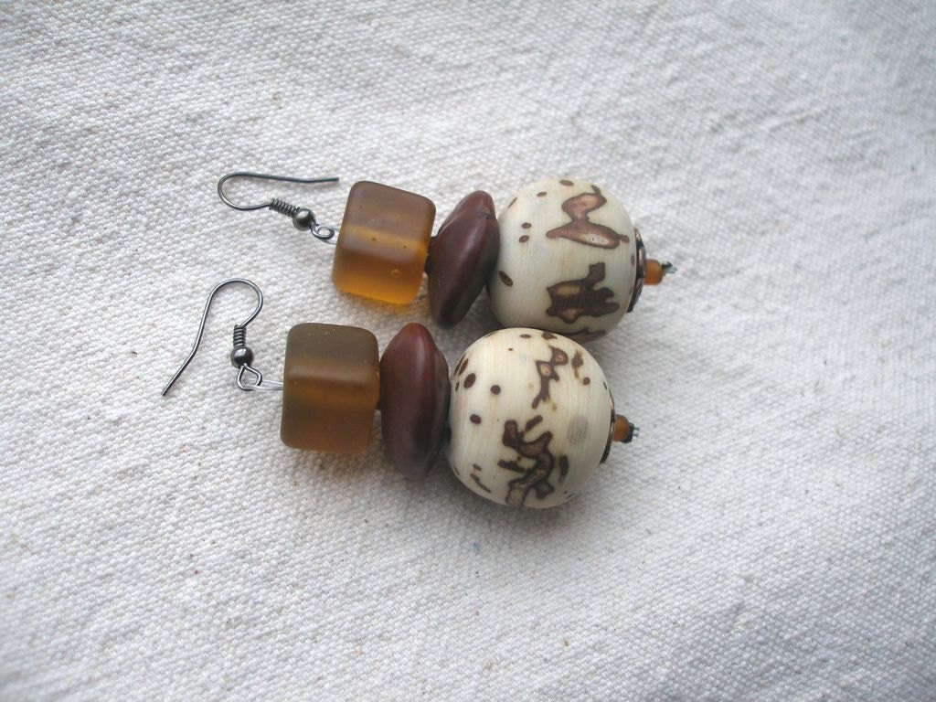 African Palm nuts brown seeds glassTribal Earrings by Fianaturals