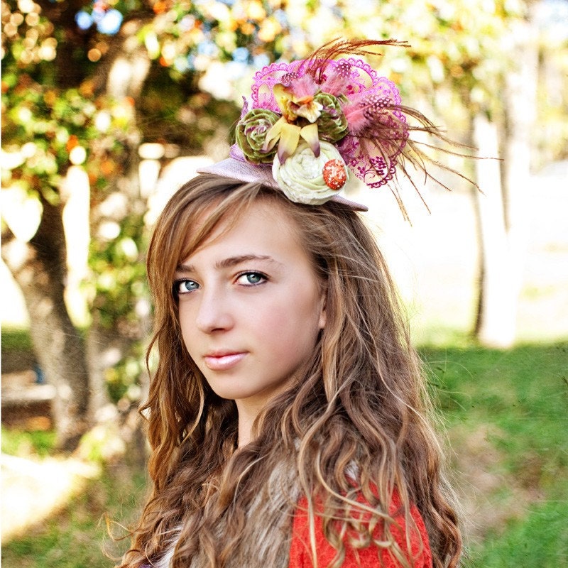 The Show Stopper Mini Top Hat , Derby Hat with Vintage Flower, Silk Velvet, special occasion, photo prop