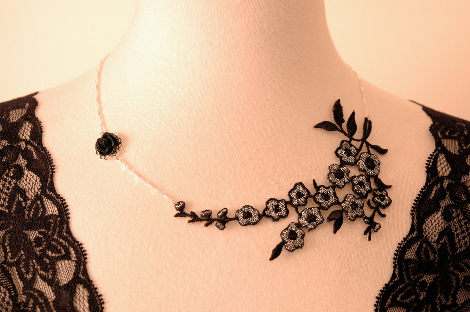 Lace Flower Asymmetrical Fabric Necklace choker Black silver Bridesmaids Jewelry Retro/Romantic/victorian/Classy/Whimsical wedding jewelry