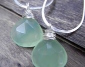 Green Gemstone Hoop Earrings, Sterling Silver, Chalcedony Earrings, Apple Green Wire WrappedBriolette
