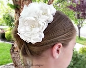 Ivory Bridal Flower Hair Clip Trio, Wedding Hair Accessory, Fascinator, Satin and Organza, Pearl Beads, Bridal Head Piece - browneyedgirlsboutiq