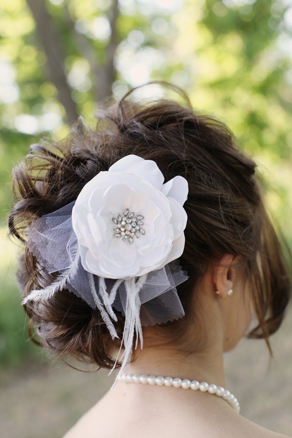 White Bridal Flower Hair clip, Wedding Hair Accessory, Fascinator, Satin, Rhinestone Jewel Center, Bridal Head Piece