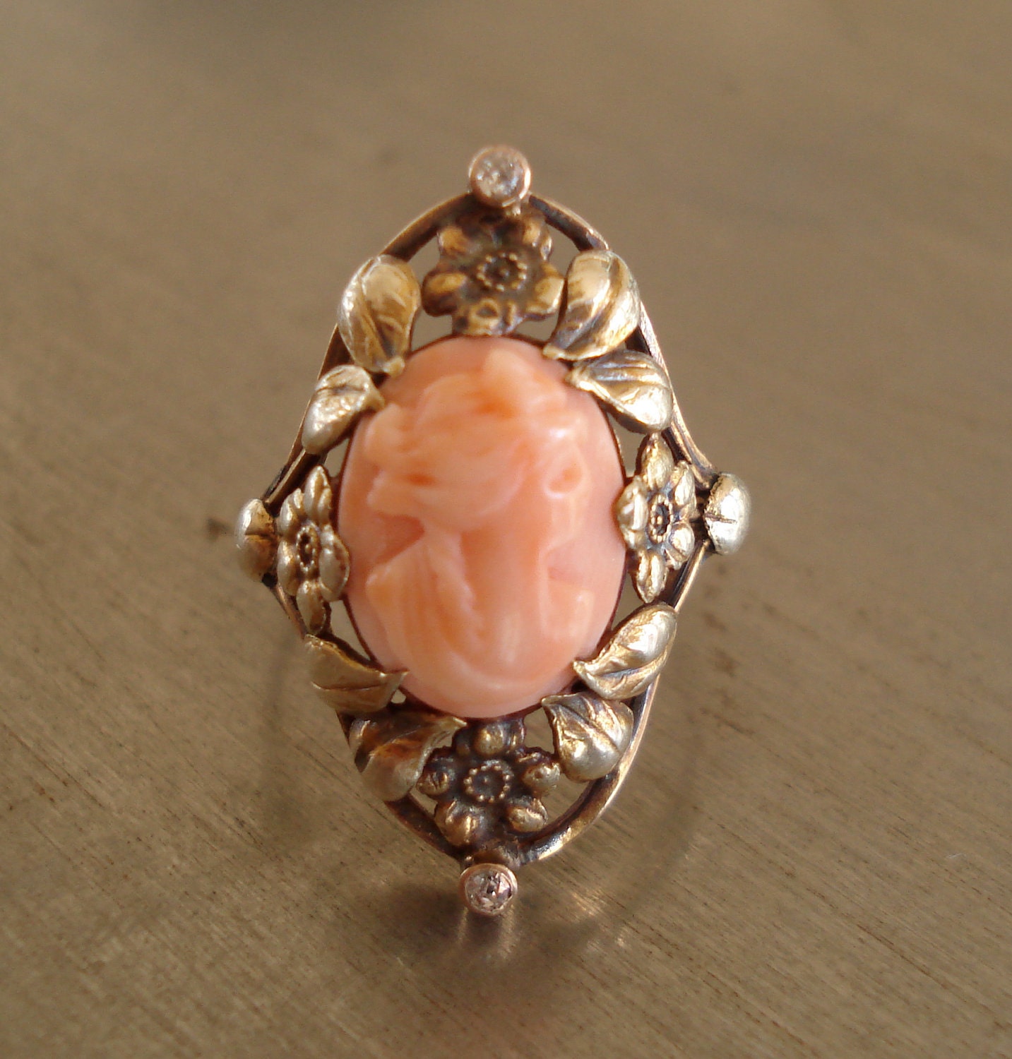 Antique Coral Cameo and Diamond Ring from 1912