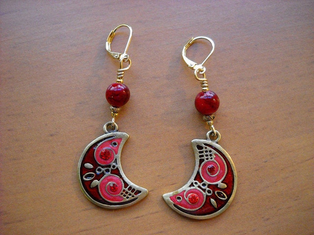 Red Crescent Golden Ethnic Bronze Handcrafted  Earrings