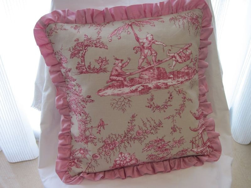 16" X 16" Pink Boudoir French "toile de jouy" cottage style pillow cover with pink silk shantung ruffle
