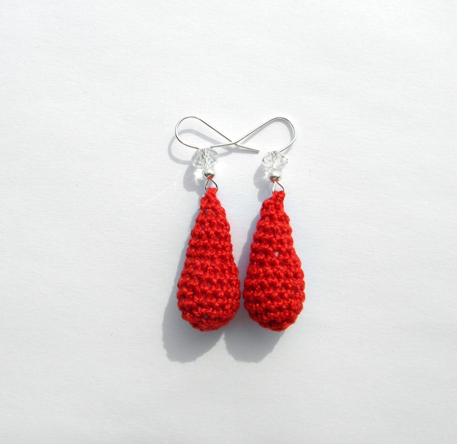 Red drop earrings - strawberry crochet cotton and czech glass bead - sterling silver french hook - eco friendly