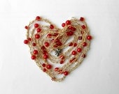Necklace / bracelet / lariat, lacy crochet, glass pearl beads, red scarlet deliciuose, cotton, crochet chain  jewelry