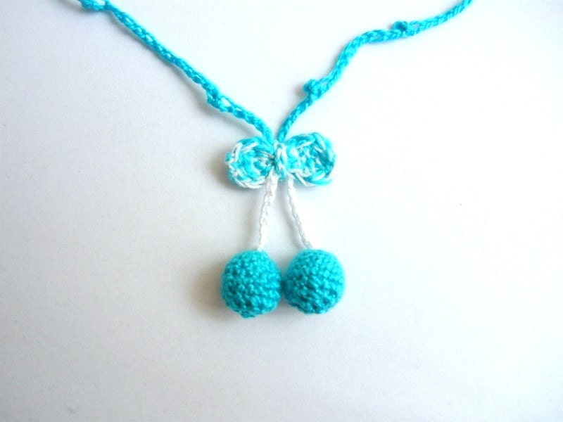 Cherry Necklace - fine cotton crochet- white and turquoise - Sweet Cherry  eco fashion
