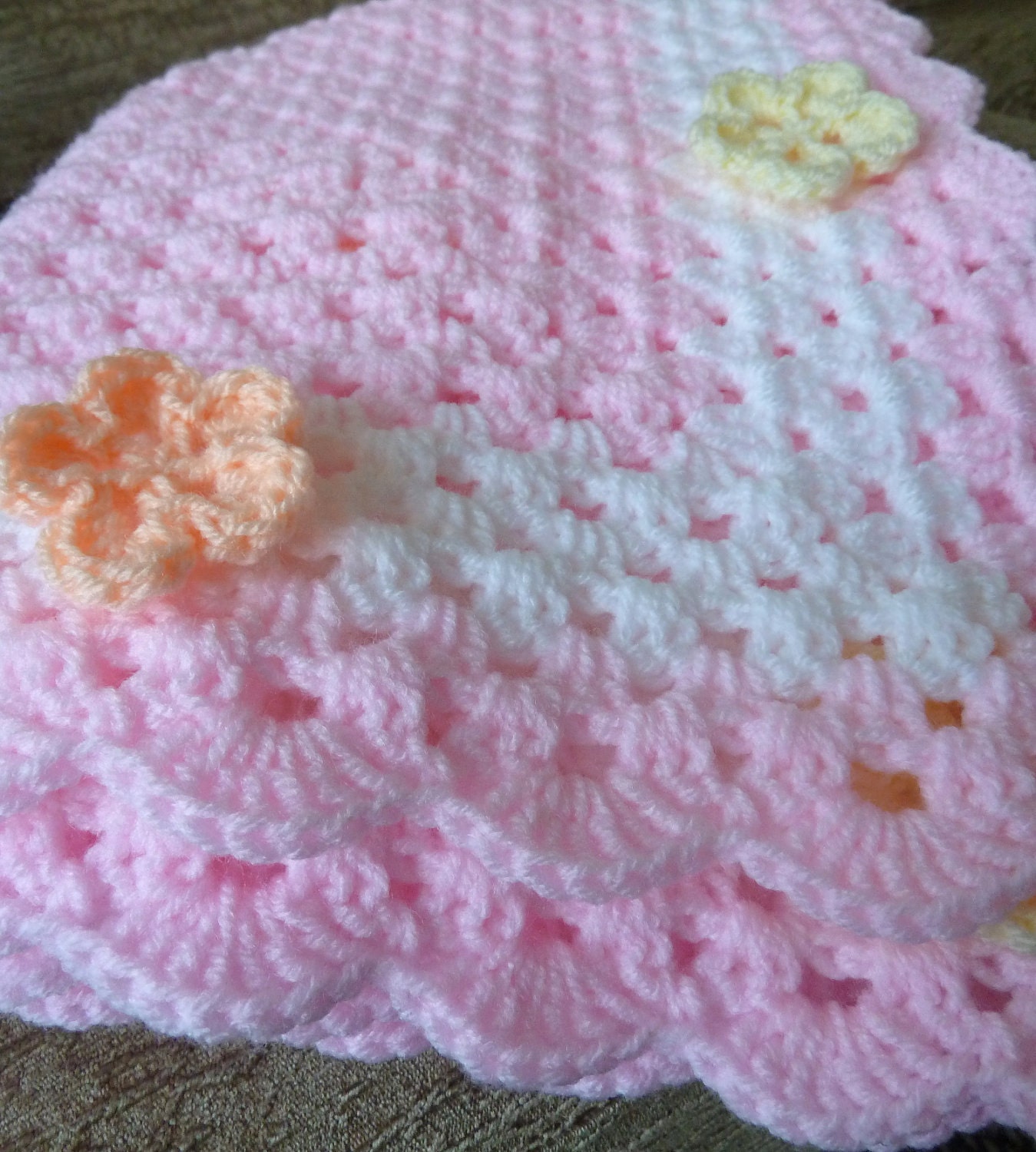 Crochet Baby Blanket in Pink with White Flowery Trim