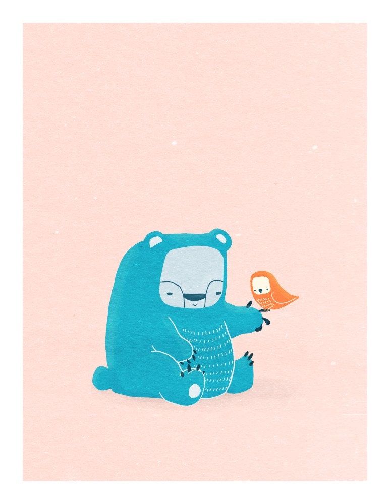 bear and bird nursery art. forest friends in blue and orange on peach - 8.5 x 11 art print for baby, children, kids (MORE COLORS AVAILABLE)